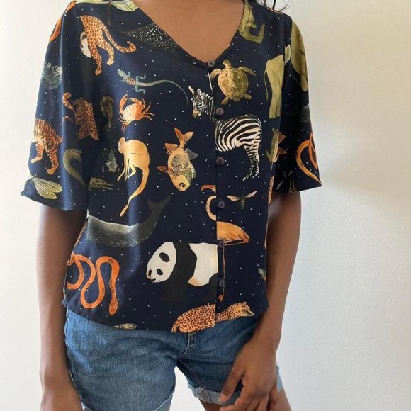 Animal Print Button-down Crop Top (Zink London) - Picture 1 of 4